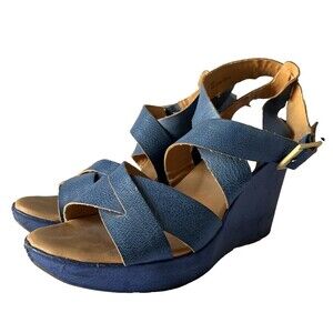 Korks by Kork Ease Women's  9 Blue Leather Strappy Platform Wedge Sandals Heels